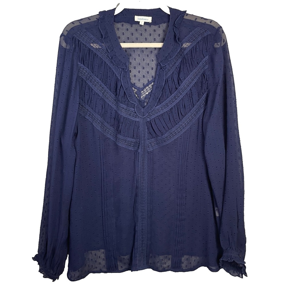 Sundance Top Womens Large Blue Sheer Ruffle Long Sleeve V Neck Blouse Bohemian